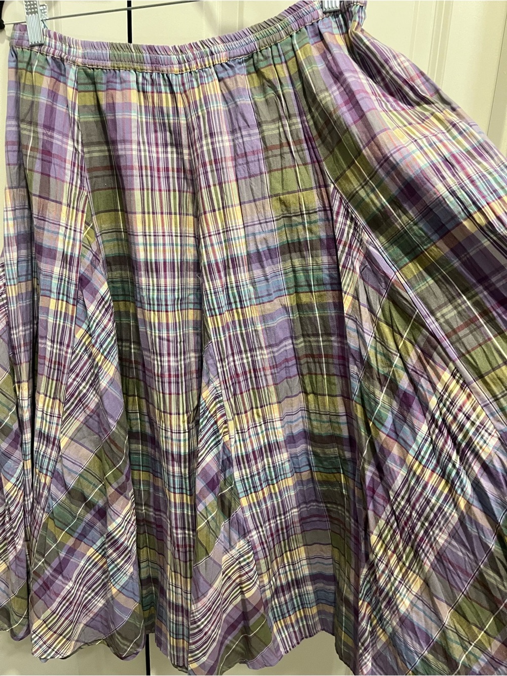Koret Pleated Plaid Midi Skirt Large Elastic Waist Lavender Green Cotton Cottage - Picture 2 of 9